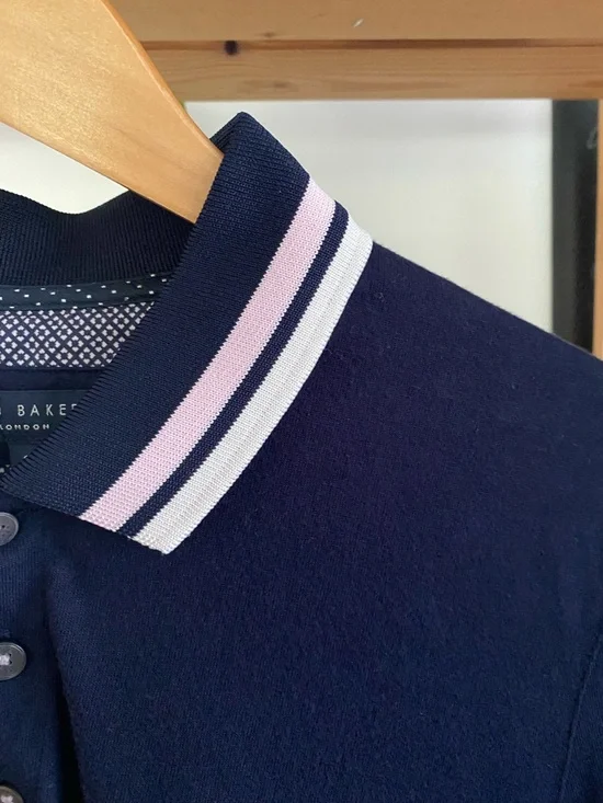 Ted Baker Navy Blue Pink White Stripe Collar Knit Polo Shirt Medium - Picture 7 of 15